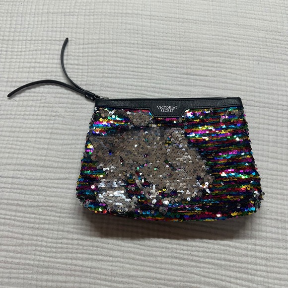 Victoria's Secret Black Flip Rainbow Sequin Bling cosmetic pouch bag purse Y2K - Picture 2 of 7